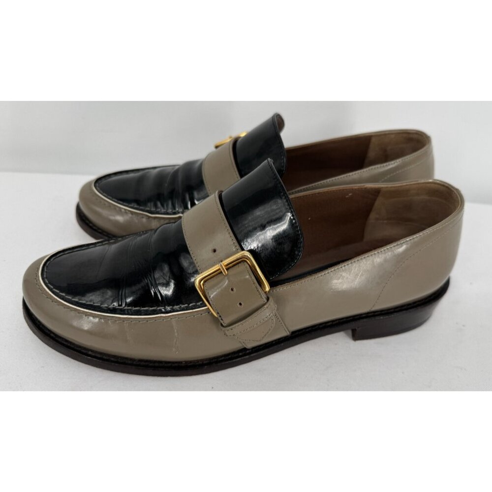 Marni Luxurious Patent Black and Gray Leather Buckle Loafers Shoes Flats Sz 40